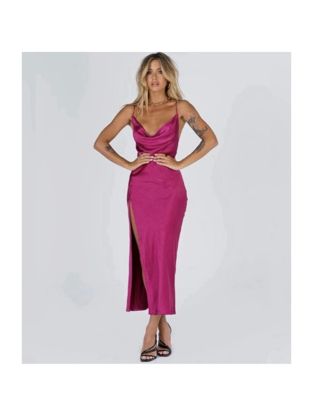 NEVER WORN: Lioness Magenta Satin Cowl Neck Slip Dress with High Slit